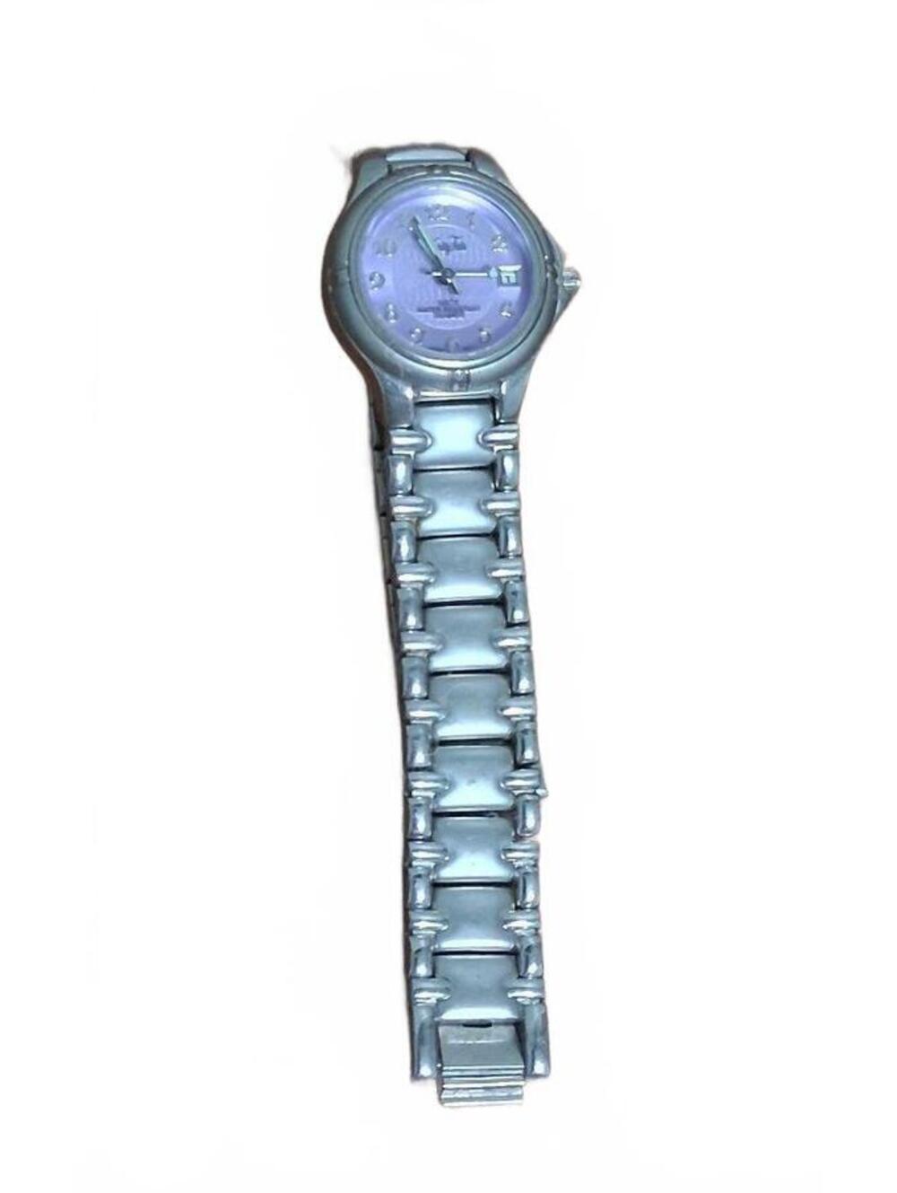 Vintage Y2K Silver-Tone Vanity Fair Metallic Purple Dial Wristwatch